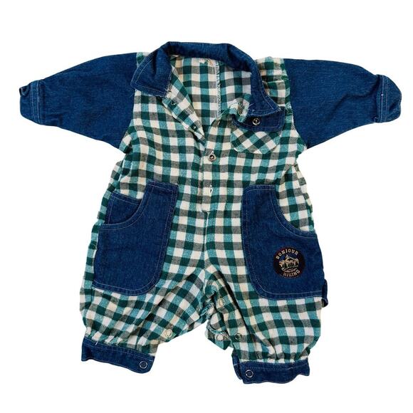 Vintage Baby Boy Romper Green Gingham Denim Bonjour Hiking Patch Overalls 6-12M - Picture 1 of 2